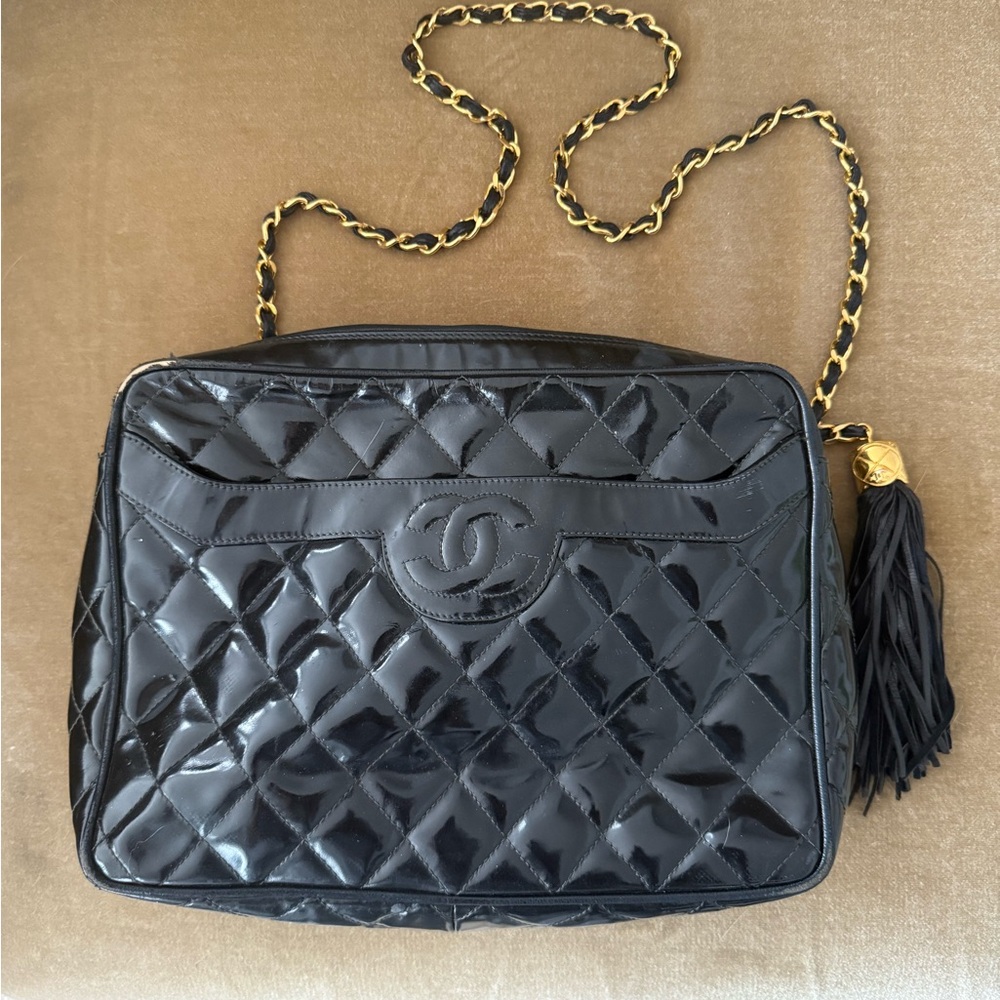 CHANEL Black Quilted Patent Leather Shoulder Bag with Gold Chain Strap
